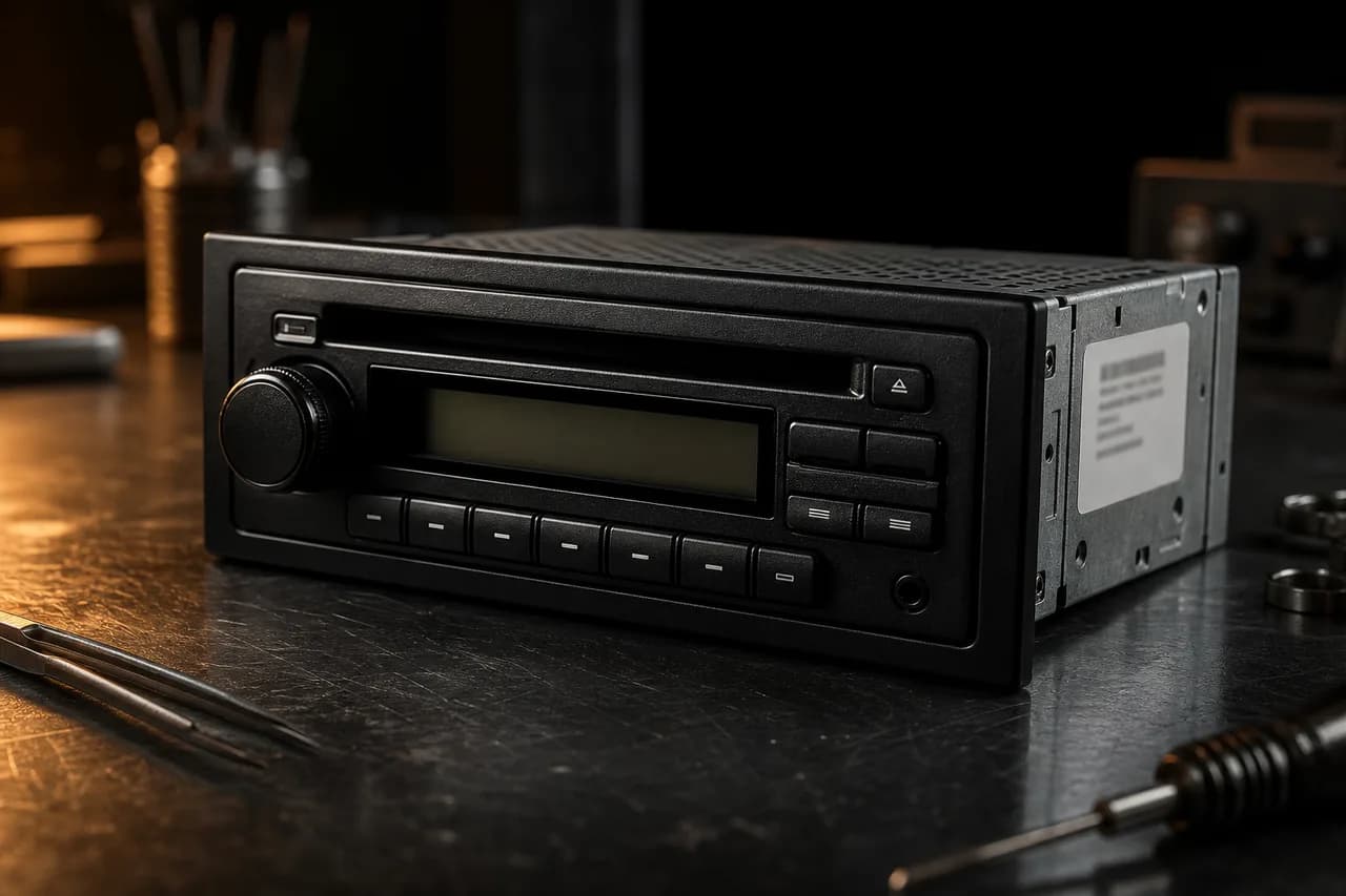 A Ford M Series style head unit showing where the serial label sits